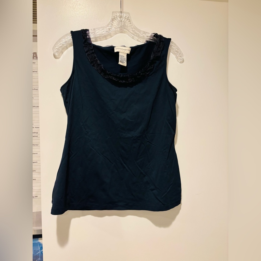 DONCASTER Midnight Blue Tank Top with Ruffle Detail, Size Medium